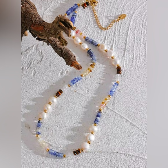 18K Gold Plated Gemstone Necklace*Lapis Lazuli*Freshwater Pearls*Tourmaline* - Picture 5 of 8